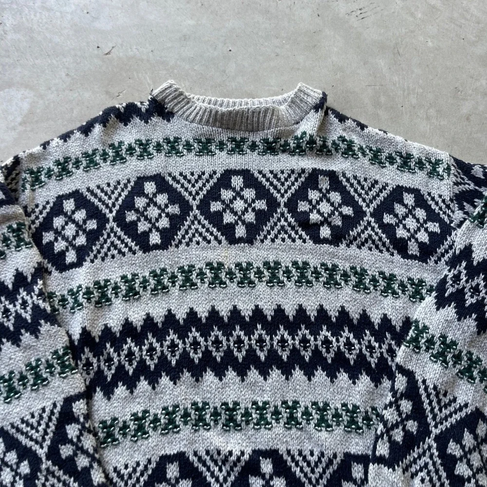 Northwest Territory Mens XL Fair Isle Knit Sweater Grey Navy Green Made in USA